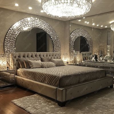 مجموعه مبلمان خانگی قاب نقره ای قابل تنظیم اتاق خواب تخت آینه ای اندازه کینگ مبلمان ال ای دی آینه برای آپارتمان اتاق خواب